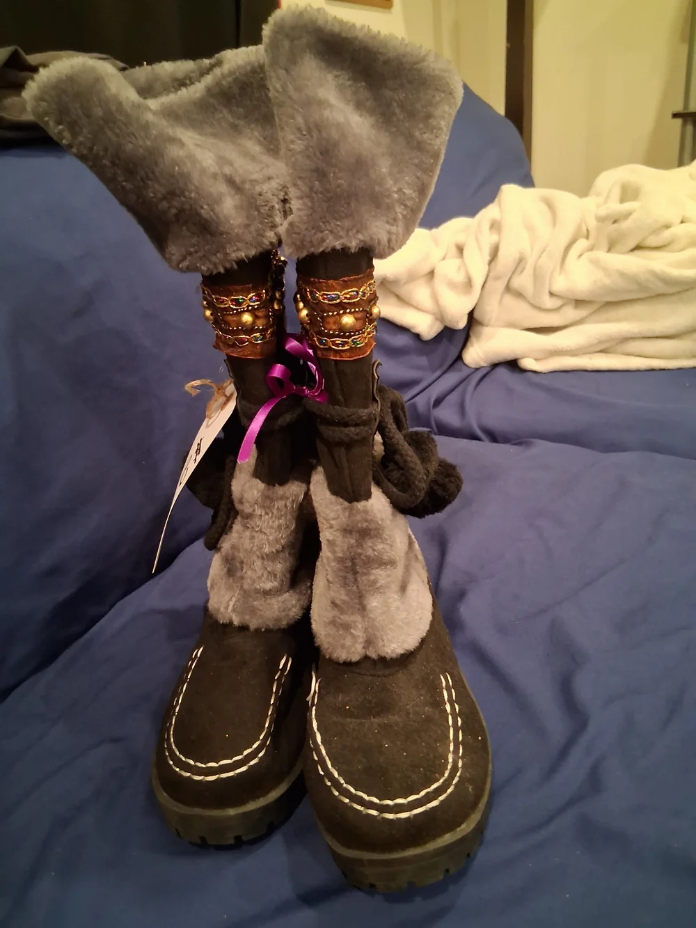 Embellished Faux-Fur Winter Boots - Brown and Gray